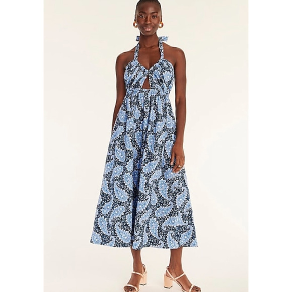 J.Crew Collection Blue Floral Halter Midi Dress size 6 Open Back Tie Neck - Picture 7 of 9